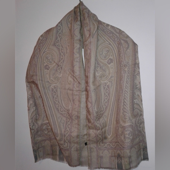 New ETRO scarf shawl wool silk Paisley Rectangle art deco Italy 26" x 66" - Picture 5 of 8